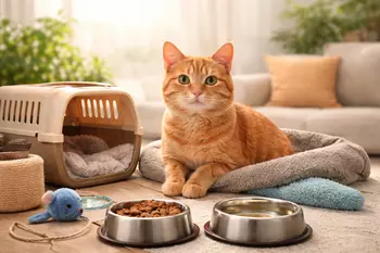 Gato adaptándose a un nuevo hogar con 
                cama, comida, agua y transportín en un entorno seguro sin estrés