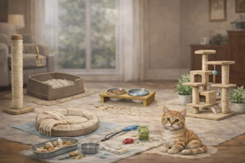 Gatito naranja en casa rodeado de accesorios 
                esenciales como rascador, arenero, cama y juguetes, mostrando cómo preparar el hogar 
                para un gato adoptado y facilitar su adaptación desde el primer día