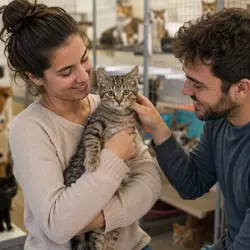 Imagen de adopción responsable de gatos en un refugio animal, mostrando una 
                              familia acogiendo a un gato rescatado y promoviendo el bienestar animal, el 
                              rescate de mascotas y la lucha contra el abandono de gatos.