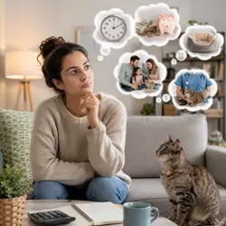 Imagen de una mujer reflexionando antes de adoptar un gato, mostrando la 
                              responsabilidad de tener mascotas, los cuidados veterinarios, el compromiso 
                              a largo plazo y la adopción responsable de gatos en el hogar.