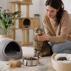Gato adoptado descansando en un hogar seguro mientras recibe cariño y 
                               cuidados esenciales relacionados con alimentación saludable, bienestar 
                               felino, revisiones veterinarias y adaptación en casa.