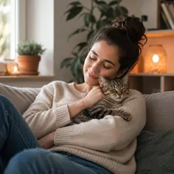 Mujer joven abrazando un gato tierno mientras descansa en el sofá de su 
                               hogar, vida relajante en casa.