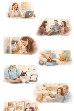 proceso de acogida de gatos paso a paso, cuidado de gatos en casa, 
                              adopción responsable, voluntariado con gatos rescatados y 
                              alimentación y atención veterinaria felina