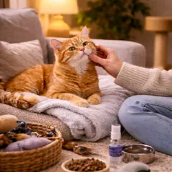 Gato relajado y feliz en su nuevo hogar tras una adaptación exitosa con cuidados, 
                          confianza y rutina adecuada