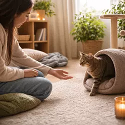 Persona generando confianza en un gato asustado durante su proceso de adaptación 
                          a un nuevo hogar