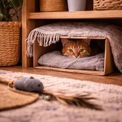 Gato escondido en una caja durante su adaptación a un nuevo hogar mostrando 
                       comportamiento de miedo en los primeros días en casa