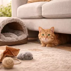 Gato escondido debajo del sofá adaptándose a un nuevo hogar con miedo y 
                             estrés en sus primeros días en casa