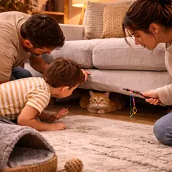 Gato estresado escondido bajo el sofá mientras una familia lo observa durante su 
                          adaptación a un nuevo hogar en los primeros días