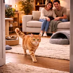 Gato explorando su nuevo hogar con confianza mientras se adapta poco a poco en un 
                          ambiente tranquilo y seguro