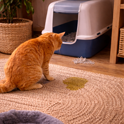 Gato orinando fuera del arenero en su nuevo hogar por estrés durante el proceso de 
                       adaptación en los primeros días en casa