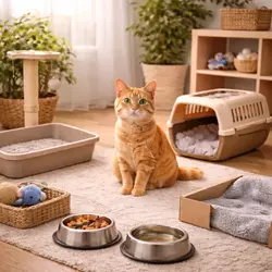 Gato recién adoptado llegando a su nuevo hogar con transportín, cama, comida y 
                          arenero preparado para una adaptación sin estrés