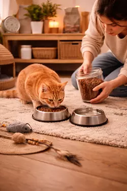Gato comiendo en su nuevo hogar con rutina de alimentación estable para reducir el 
                       estrés durante su adaptación en casa