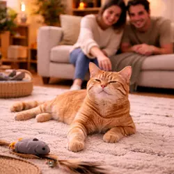 Gato relajado y jugando en su nuevo hogar mostrando señales de adaptación 
                         positiva como confianza, bienestar y comportamiento tranquilo