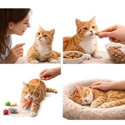 Persona interactuando con un gato recién adoptado usando premios, 
                               juego y voz tranquila para generar confianza y adaptación en casa