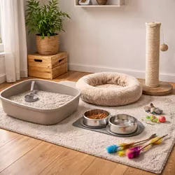 Cómo preparar la habitación de un gato con accesorios básicos como 
                                rascador, arenero y juguetes para su adaptación al nuevo hogar