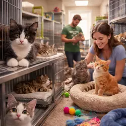 Interior de una protectora con gatos disponibles para adopción, guía 
                                 visual para saber dónde adoptar un gato cerca de ti de forma segura