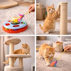 Ideas de juegos para estimular a un gato recién adoptado con juguetes 
                                interactivos, rascadores y actividades que evitan el estrés