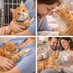 Momentos de cariño entre personas y su gato destacando por qué 
                                 adoptar un gato mejora la vida y aporta felicidad en el hogar