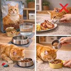 Guía visual de alimentación para gatos mostrando comida adecuada y 
                                 alimentos prohibidos para mantener un gato sano tras la adopción