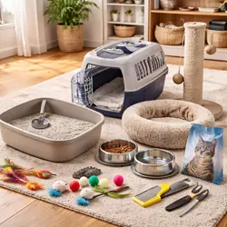 Lista de cosas necesarias para un gato en casa antes de adoptarlo 
                                 incluyendo accesorios, alimentación, higiene y entretenimiento