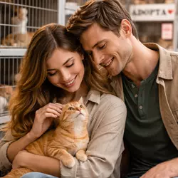 Personas disfrutando de su gato en casa destacando que elegir el gato adecuado 
                          desde el principio evita problemas de comportamiento y adaptación