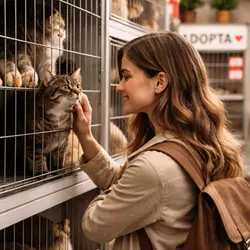 Mujer eligiendo un gato en refugio observando diferentes opciones para encontrar 
                      el gato ideal según su estilo de vida y hogar
