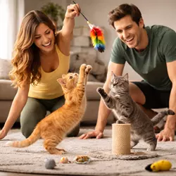Pareja interactuando con gatos llenos de energía recomendados para dueños que 
                          disfrutan jugar, estimular y pasar tiempo con su mascota