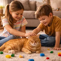 Gato sociable interactuando con niños recomendado para hogares familiares 
                          donde se busca una mascota paciente y amigable