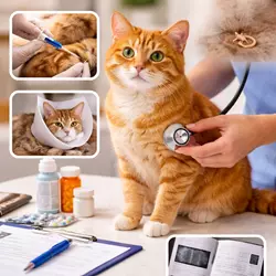 Gato siendo revisado por veterinario mostrando la importancia de asegurar su 
                          buen estado de salud para una adopción segura y adaptación tranquila