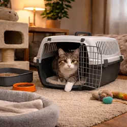 Cómo adaptar un gato adoptado en casa por primera vez, saliendo del transportín 
                           en una habitación segura con arenero, comida y zona de descanso