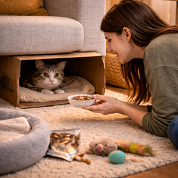 Cómo ayudar a un gato adoptado a confiar en su nuevo hogar, ofreciéndole 
                          comida mientras se esconde para facilitar su adaptación sin estrés