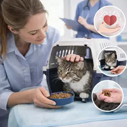 Gato tranquilo en transportín durante visita al veterinario con técnicas 
                          para reducir estrés y ansiedad en gatos