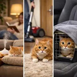 Gato tranquilo en casa antes de ir al veterinario, ambiente relajado sin 
                           ruidos y transportín cubierto para reducir el estrés y la ansiedad en 
                           gatos