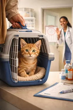 Gato recién adoptado dentro de transportín en su primera visita al 
                       veterinario, revisión inicial de salud felina en clínica veterinaria