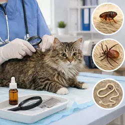 Gato en revisión veterinaria para detección de parásitos como pulgas, 
                           garrapatas y lombrices con tratamiento antiparasitario