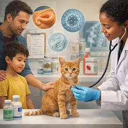 Gato adoptado en su primera visita al veterinario siendo examinado con 
                       estetoscopio, revisión de salud felina, vacunación y desparasitación en 
                       clínica veterinaria