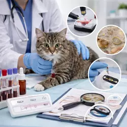 Pruebas veterinarias en gatos con análisis de sangre test FeLV FIV y 
                          colocación de microchip en clínica veterinaria