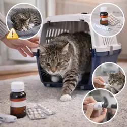 Gato en casa después de visita al veterinario con cuidados post consulta 
                          medicación y adaptación sin estrés