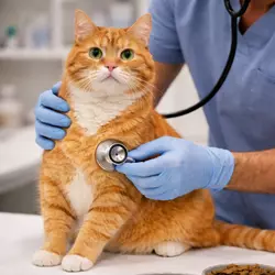 Gato en revisión veterinaria con exploración física completa, 
                           auscultación con estetoscopio y control de salud general