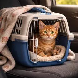 Gato dentro de transportín con manta en el coche camino al veterinario, 
                       transporte seguro y cómodo para gatos durante el viaje
