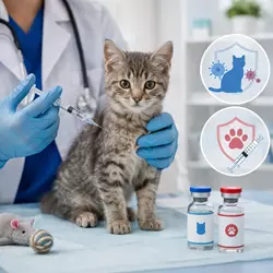Gato cachorro recibiendo vacunas en veterinario primera dosis trivalente 
                           felina y vacuna contra la rabia
