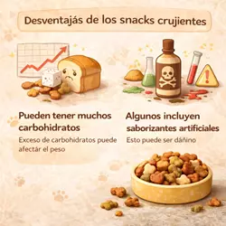 Desventajas de snacks para gatos, exceso de carbohidratos y 
                              presencia de saborizantes artificiales que pueden afectar 
                              la salud felina