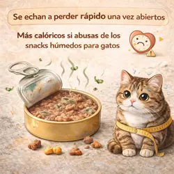 Desventajas de snacks húmedos para gatos como rápida 
                              caducidad tras abrirse y alto contenido calórico que puede 
                              afectar la salud felina