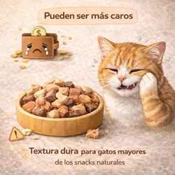 Desventajas de snacks naturales para gatos como mayor precio 
                              y textura dura que puede dificultar su consumo en gatos 
                              mayores