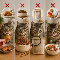 errores al dar snacks a gatos comida humana exceso de premios 
                                   ingredientes dañinos snacks con azúcares o aditivos no 
                                   recomendados para gatos