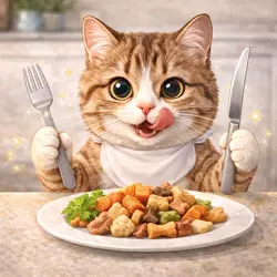 Gato feliz comiendo snacks o premios en su plato, 
                              alimentación felina con golosinas saludables y equilibradas 
                              para gatos