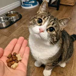 Gato mirando con ojos grandes pidiendo snacks desde la mano, 
                              premios para gatos irresistibles y golosinas saludables para 
                              felinos
