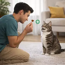 Hombre entrenando a su gato con snacks o premios, método de 
                              refuerzo positivo para educación y entrenamiento felino 
                              eficaz