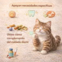 Snacks funcionales para gatos que apoyan necesidades 
                              específicas como salud dental, digestiva y articulaciones, 
                              complemento ideal en su cuidado diario