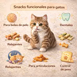 Snacks funcionales para gatos con beneficios para la salud 
                              como control de bolas de pelo, cuidado dental, 
                              articulaciones, relajación y control de peso